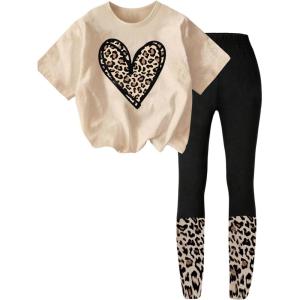 image:imageGirls 2 Piece Leopard Cheetah Outfits Short Sleeve Heart Graphic Tees and Skinny Leggings SetsMulticolor