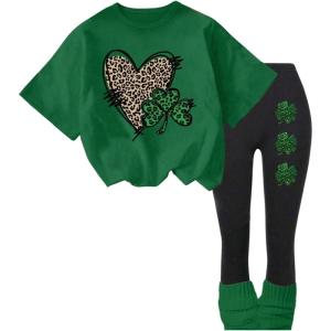 image:imageGirls 2 Piece Leopard Cheetah Outfits Short Sleeve Heart Graphic Tees and Skinny Leggings SetsMulticolor Green