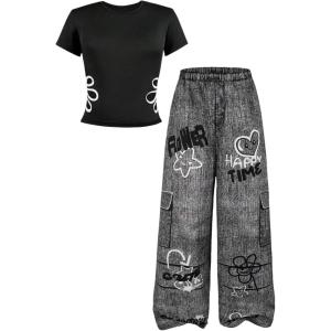 image:imageGirls 2 Piece Summer Outfits Floral Graphic Tees and Wide Leg Pants Set Cute Clothes StreetwearBlack