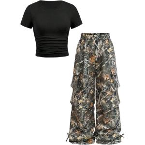 image:imageGirls 2 Piece Summer Outfits Short Sleeve Ruched Basic Tess and Camo Cargo Pants Sets TrendyBlack