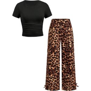 image:imageGirls 2 Piece Summer Outfits Short Sleeve Ruched Basic Tess and Camo Cargo Pants Sets TrendyBlack Cheetah