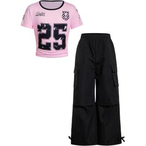 image:imageGirls 2 Piece Summer Outfits Short Sleeve Ruched Basic Tess and Camo Cargo Pants Sets TrendyBlack Number Pink