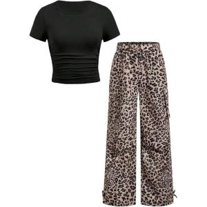 image:imageGirls 2 Piece Summer Outfits Short Sleeve Ruched Basic Tess and Camo Cargo Pants Sets TrendyBlack and Cheetah
