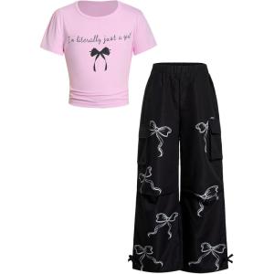 image:imageGirls 2 Piece Summer Outfits Short Sleeve Ruched Basic Tess and Camo Cargo Pants Sets TrendyBow Pink and Black