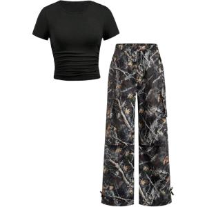 image:imageGirls 2 Piece Summer Outfits Short Sleeve Ruched Basic Tess and Camo Cargo Pants Sets TrendyCamo Black