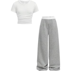 image:imageGirls 2 Piece Summer Outfits Short Sleeve Ruched Basic Tess and Camo Cargo Pants Sets TrendyGrey