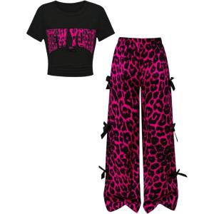 image:imageGirls 2 Piece Summer Outfits Short Sleeve Ruched Basic Tess and Camo Cargo Pants Sets TrendyHot Pink
