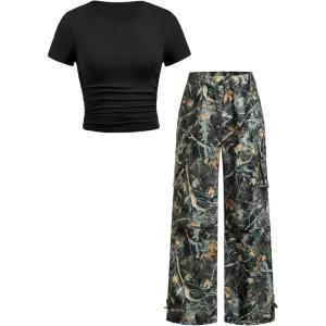 image:imageGirls 2 Piece Summer Outfits Short Sleeve Ruched Basic Tess and Camo Cargo Pants Sets TrendyMulticolor