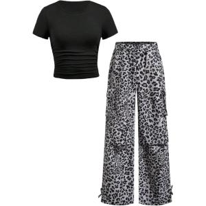 image:imageGirls 2 Piece Summer Outfits Short Sleeve Ruched Basic Tess and Camo Cargo Pants Sets TrendyMulticolor Cheetah