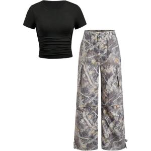 image:imageGirls 2 Piece Summer Outfits Short Sleeve Ruched Basic Tess and Camo Cargo Pants Sets TrendyMulticolor Grey