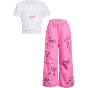 image:imageGirls 2 Piece Summer Outfits Short Sleeve Ruched Basic Tess and Camo Cargo Pants Sets TrendyMulticolor Pink