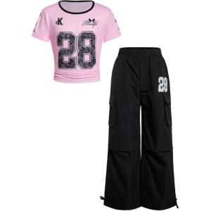 image:imageGirls 2 Piece Summer Outfits Short Sleeve Ruched Basic Tess and Camo Cargo Pants Sets TrendyNumber Pink and Black