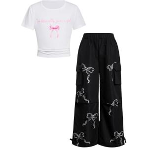 image:imageGirls 2 Piece Summer Outfits Short Sleeve Ruched Basic Tess and Camo Cargo Pants Sets TrendyPink Bow White