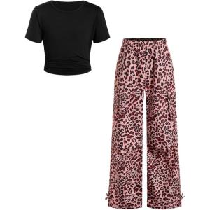 image:imageGirls 2 Piece Summer Outfits Short Sleeve Ruched Basic Tess and Camo Cargo Pants Sets TrendyPink Cheetah