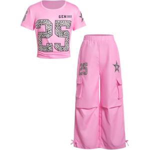 image:imageGirls 2 Piece Summer Outfits Short Sleeve Ruched Basic Tess and Camo Cargo Pants Sets TrendyPure Pink