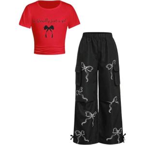 image:imageGirls 2 Piece Summer Outfits Short Sleeve Ruched Basic Tess and Camo Cargo Pants Sets TrendyRed Black