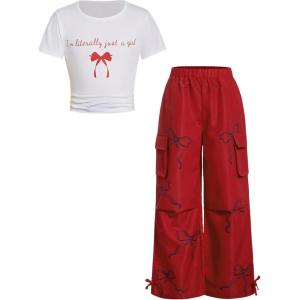 image:imageGirls 2 Piece Summer Outfits Short Sleeve Ruched Basic Tess and Camo Cargo Pants Sets TrendyRed and Black