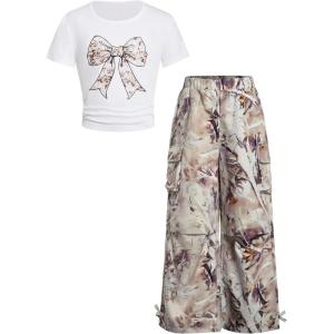 image:imageGirls 2 Piece Summer Outfits Short Sleeve Ruched Basic Tess and Camo Cargo Pants Sets TrendyWhite Camouflage