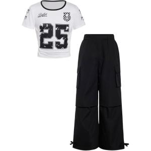 image:imageGirls 2 Piece Summer Outfits Short Sleeve Ruched Basic Tess and Camo Cargo Pants Sets TrendyWhite and Black