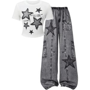 image:imageGirls 2 Piece Summer Outfits Star Print Crop Tops and Wide Leg Baggy Pants Set StreetwearBlack