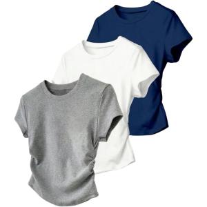 image:imageGirls 3 Pack Summer T Shirts Ruched Side Crewneck Short Sleeve Slim Fit Casual Cute Tops for GirlsMulticolor