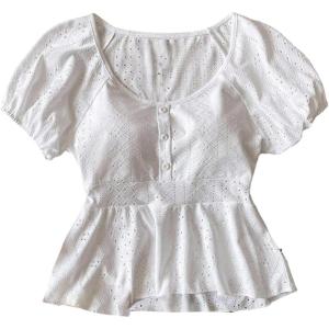 image:imageGirls Button Down Babydoll Tops Crew Neck Puff Sleeve Peplum Tops Cute Summer OutfitsWhite