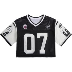 image:imageGirls Jersey Shirts Number Graphic Tees Half Sleeve Hip Hop Y2k Crop Tops Football JerseyColor Block Black