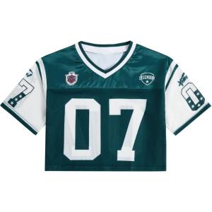 image:imageGirls Jersey Shirts Number Graphic Tees Half Sleeve Hip Hop Y2k Crop Tops Football JerseyMix Green