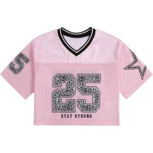 image:imageGirls Jersey Shirts Number Graphic Tees Half Sleeve Hip Hop Y2k Crop Tops Football JerseyMix Number Pink