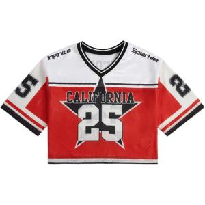 image:imageGirls Jersey Shirts Number Graphic Tees Half Sleeve Hip Hop Y2k Crop Tops Football JerseyMulticolor Red