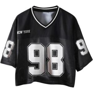 image:imageGirls Jersey Shirts Number Graphic Tees Half Sleeve Hip Hop Y2k Crop Tops Football JerseyNumber Print Black