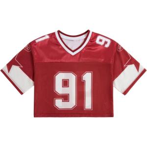 image:imageGirls Jersey Shirts Number Graphic Tees Half Sleeve Hip Hop Y2k Crop Tops Football JerseyNumber Red