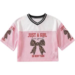 image:imageGirls Jersey Shirts Number Graphic Tees Half Sleeve Hip Hop Y2k Crop Tops Football JerseyPink and White