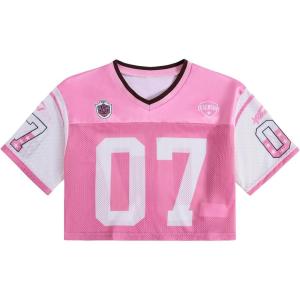 image:imageGirls Jersey Shirts Number Graphic Tees Half Sleeve Hip Hop Y2k Crop Tops Football JerseyWatermelon Pink