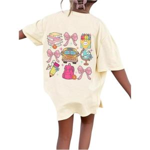 image:imageGirls Letter Animal Graphic T Shirt Short Sleeve Crewneck Oversized Vacation TopsApricot