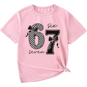 image:imageGirls Number Bow Graphic Tees Crew Neck Short Sleeve Summer Tops Casual Cute Tops for GirlsPink