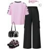image:imageGirls 2 Piece Summer Outfits Number Print Y2k Football Jersey Shirts and Cargo Pants Baggy SetPink and Black