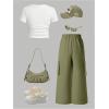 image:imageGirls 2 Piece Y2K Outfits Short Sleeve Letter Graphic Tees and Cargo Pants Preppy ClothesWhite and Green