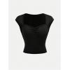 image:imageGirls Ruched Cap Sleeve Tops Sweetheart Neck Slim Fit Cropped T Shirts Cute Summer ClothesBlack