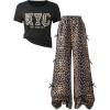 image:imageGirls 2 Piece Leopard Print Outfits Short Sleeve Graphic Tees and Bow Cheetah Baggy Pants SetsMulticolor