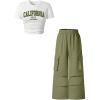 image:imageGirls 2 Piece Y2K Outfits Short Sleeve Letter Graphic Tees and Cargo Pants Preppy ClothesWhite and Green