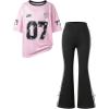 image:imageGirls Clothing Sets Number Graphic Short Sleeve Jersey Shirts and Bow Flare Leggings Y2K OutfitsMulticolor Pink