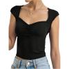 image:imageGirls Ruched Cap Sleeve Tops Sweetheart Neck Slim Fit Cropped T Shirts Cute Summer ClothesBlack