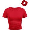 image:imageGirls Short Sleeve Ruched Tee Tops Basic Crew Neck Slim Fit T Shirts with Hair TiesRed