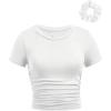 image:imageGirls Short Sleeve Ruched Tee Tops Basic Crew Neck Slim Fit T Shirts with Hair TiesWhite