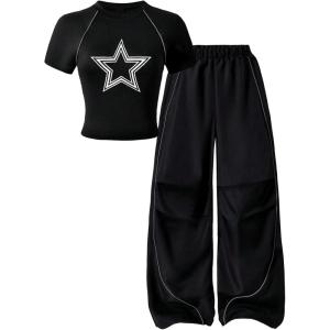 image:imageGirls 2 Piece Outfits Star Graphic Tees and Wide Leg Pants Y2k StreetwearBlack
