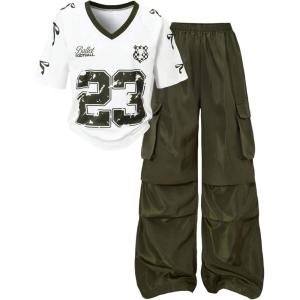 image:imageGirls 2 Piece Summer Outfits Number Print Y2k Football Jersey Shirts and Cargo Pants Baggy SetArmy Green