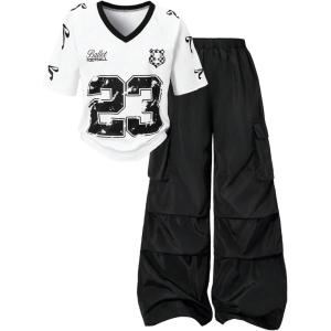 image:imageGirls 2 Piece Summer Outfits Number Print Y2k Football Jersey Shirts and Cargo Pants Baggy SetBlack and White