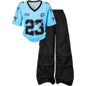 image:imageGirls 2 Piece Summer Outfits Number Print Y2k Football Jersey Shirts and Cargo Pants Baggy SetBlue