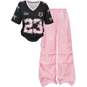image:imageGirls 2 Piece Summer Outfits Number Print Y2k Football Jersey Shirts and Cargo Pants Baggy SetPink Deep Black